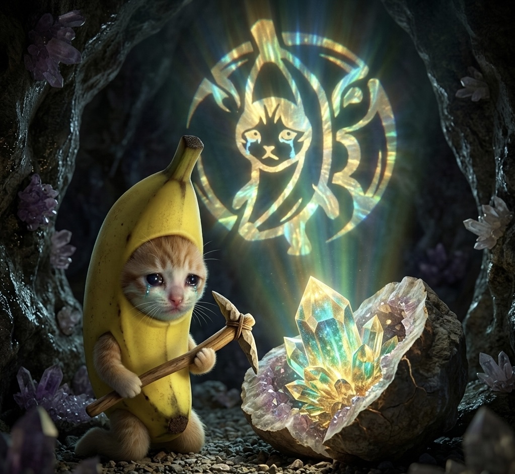 Bibi Labu banana warrior cat flying through the sky with a red cape and fist raised, soaring toward the moon like a superhero leading the charge